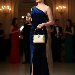 Elegant Navy Blue One-Shoulder Evening Dress